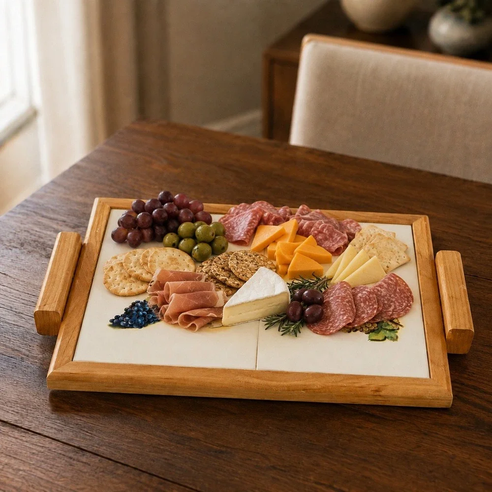 Vintage Wooden Serving Tray with Wine and Grapes Ceramic Tile Inlay Handles